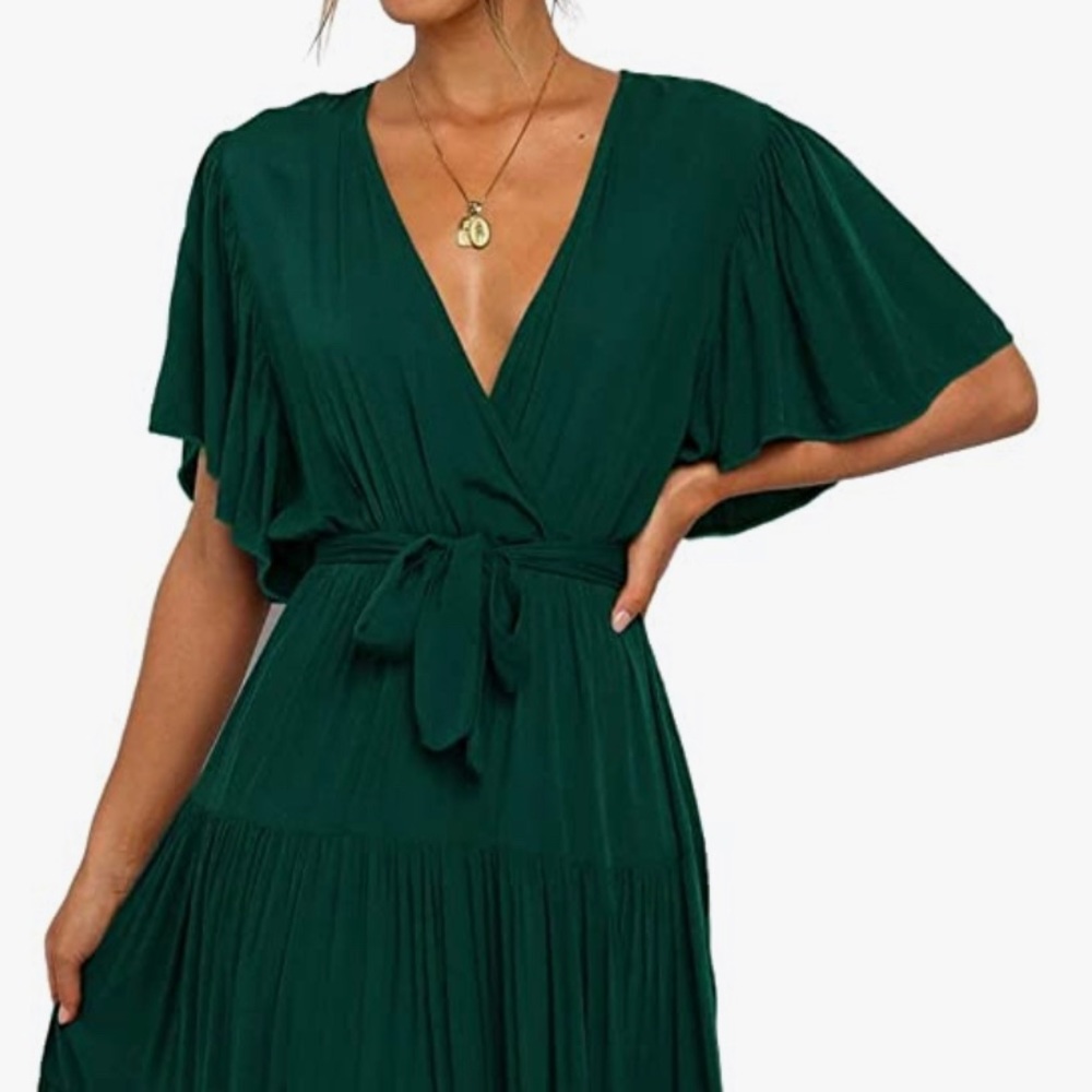 Long ruffle sleeve V shaped casual dress